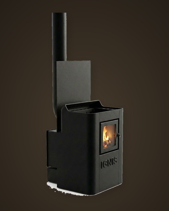 IGNIS 02 compact wood-pellet sauna heater with fire-view window